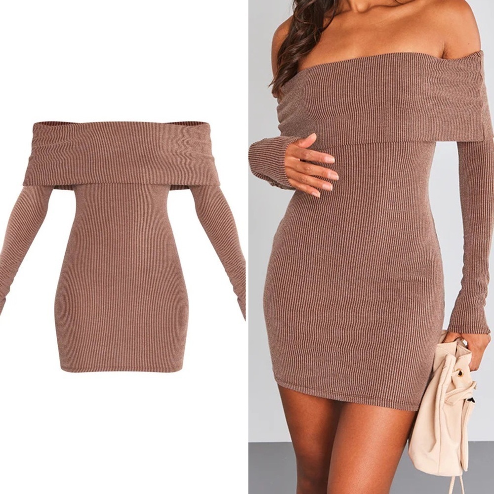Hollister Brown Off-Shoulder Long Sleeve Mini Knit Dress Sweater Size Medium